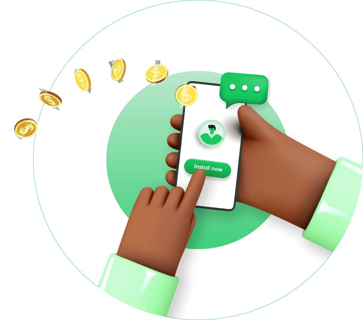 A hand tapping a referral link on a phone, with coins floating by to show affiliate earnings